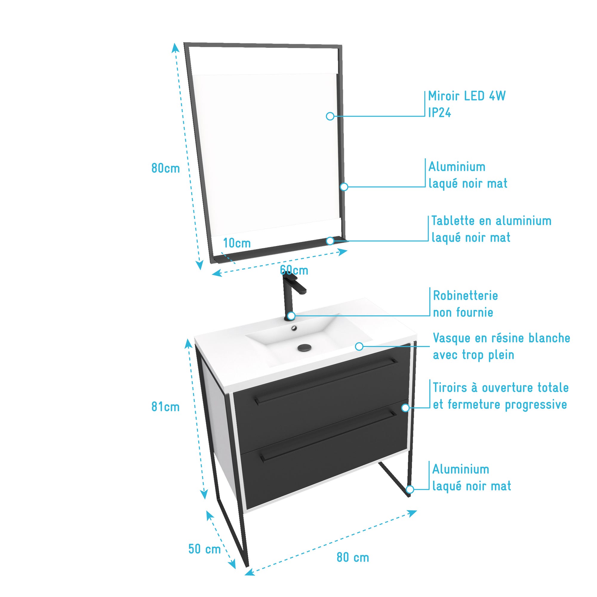 Pack meuble de salle de bain 80x50 cm Blanc - 2 tiroirs - vasque resine blanche - miroir LED 3