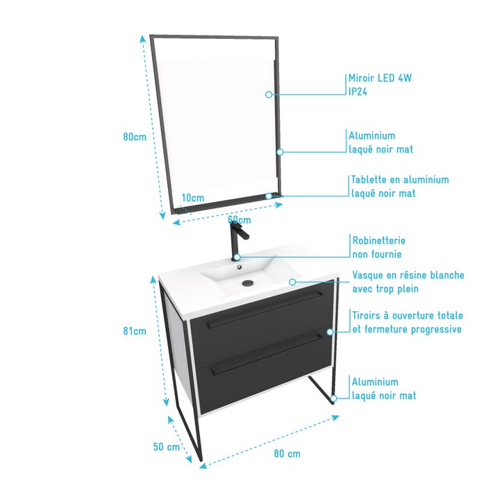 Pack meuble de salle de bain 80x50 cm Blanc - 2 tiroirs - vasque resine blanche - miroir LED 3