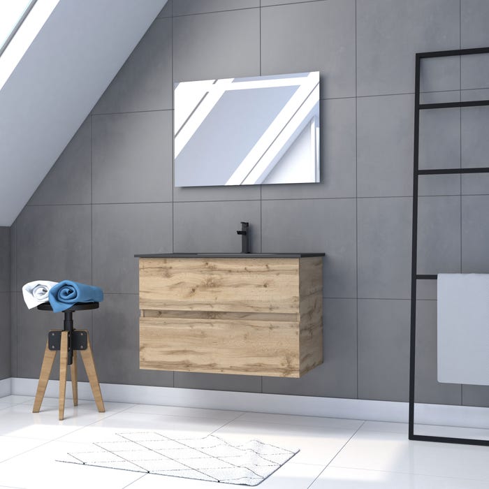 Meuble salle de bain 80x54 - Finition chene naturel + vasque noire + miroir Led - TIMBER 80 - Pack12 0