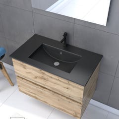 Meuble salle de bain 80x54 - Finition chene naturel + vasque noire + miroir Led - TIMBER 80 - Pack12 1