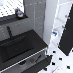 Ensemble meuble de salle de bain 80x50 cm - vasque noir effet pierre + colonne noir mat + miroir 1
