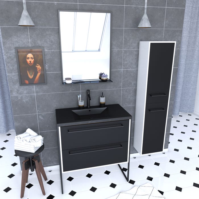 Ensemble meuble de salle de bain 80x50 cm - vasque noir effet pierre + colonne noir mat + miroir 0