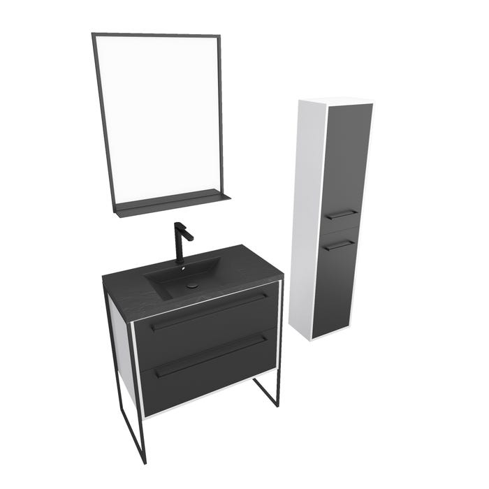 Ensemble meuble de salle de bain 80x50 cm - vasque noir effet pierre + colonne noir mat + miroir 2