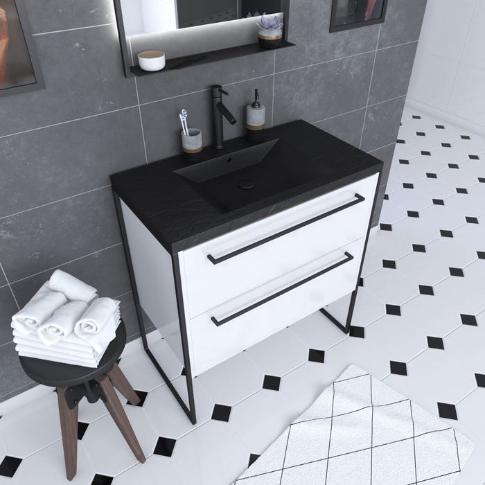 Meuble de salle de bain 80x50cm Blanc - 2 tiroirs blanc - vasque resine noire effet pierre 0