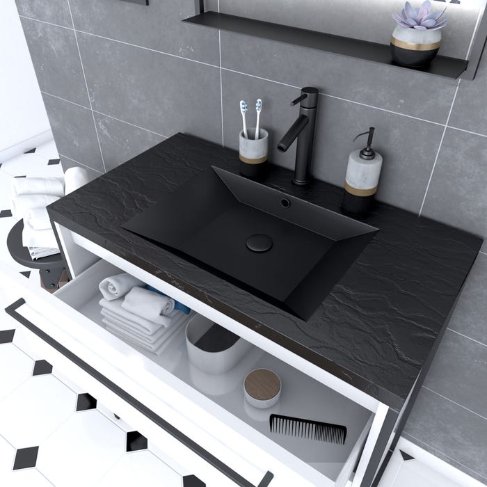 Meuble de salle de bain 80x50cm Blanc - 2 tiroirs blanc - vasque resine noire effet pierre 1