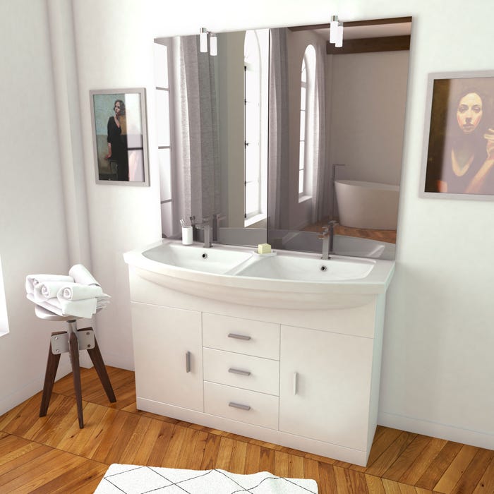 Meuble de salle de bain blanc double vasque 120cm sur pied + vasque ceramique blanche + miroir led 0