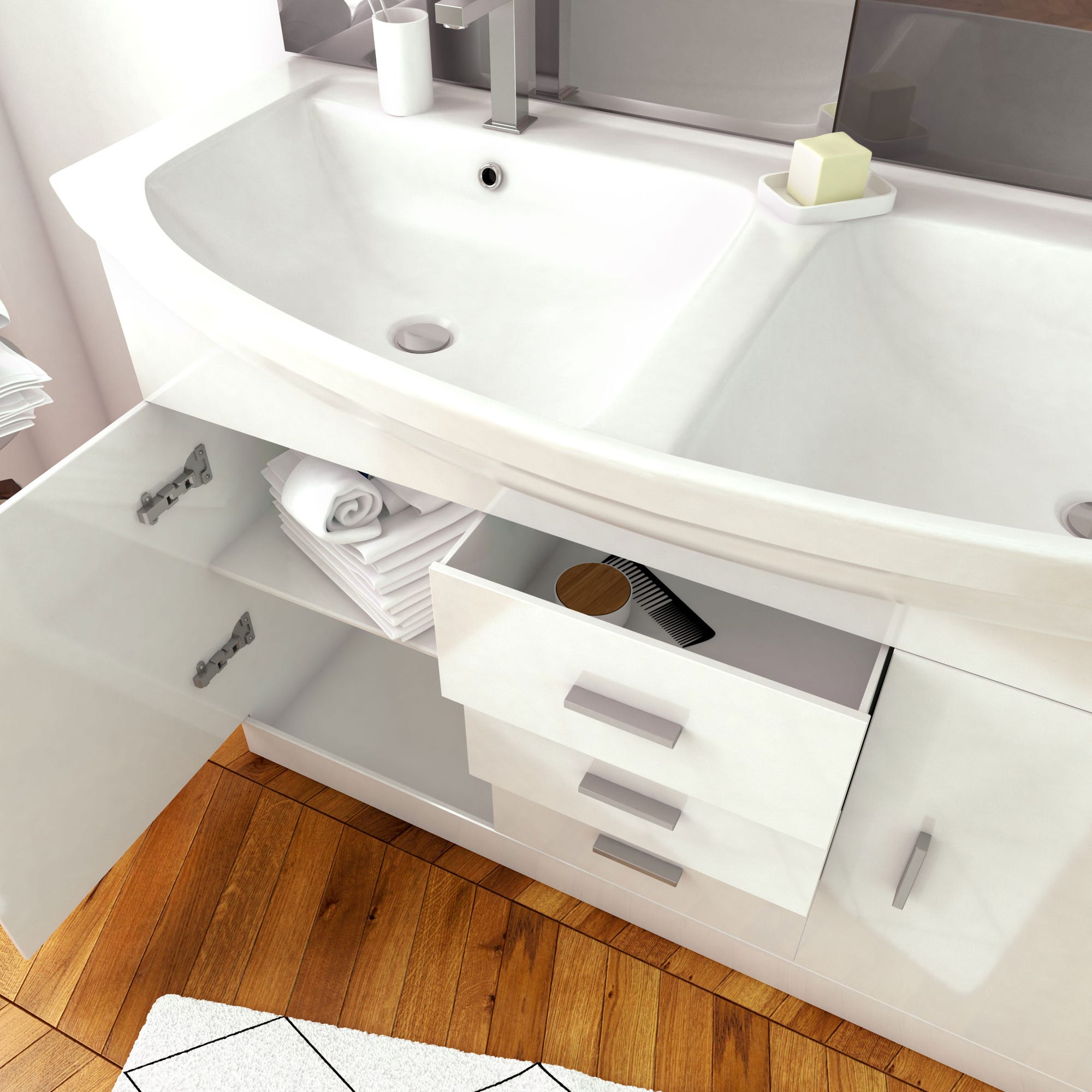 Meuble de salle de bain blanc double vasque 120cm sur pied + vasque ceramique blanche + miroir led 1