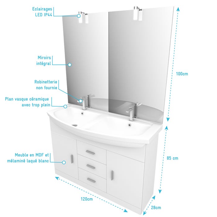 Meuble de salle de bain blanc double vasque 120cm sur pied + vasque ceramique blanche + miroir led 3