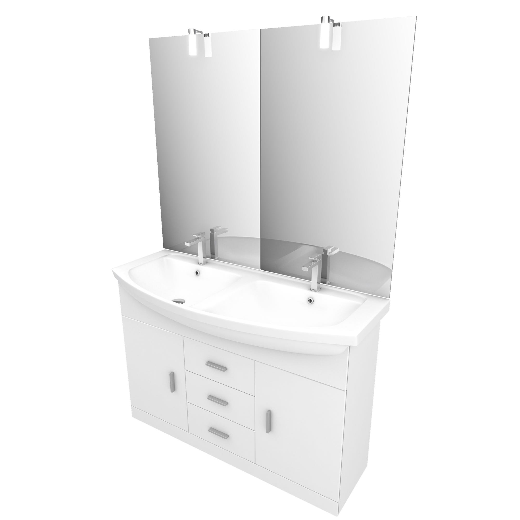 Meuble de salle de bain blanc double vasque 120cm sur pied + vasque ceramique blanche + miroir led 2