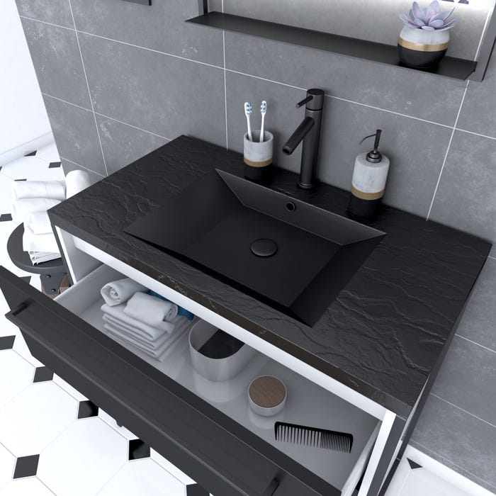 Meuble de salle de bain 80x50cm Blanc - 2 tiroirs - vasque resine noire effet pierre - miroir LED 1