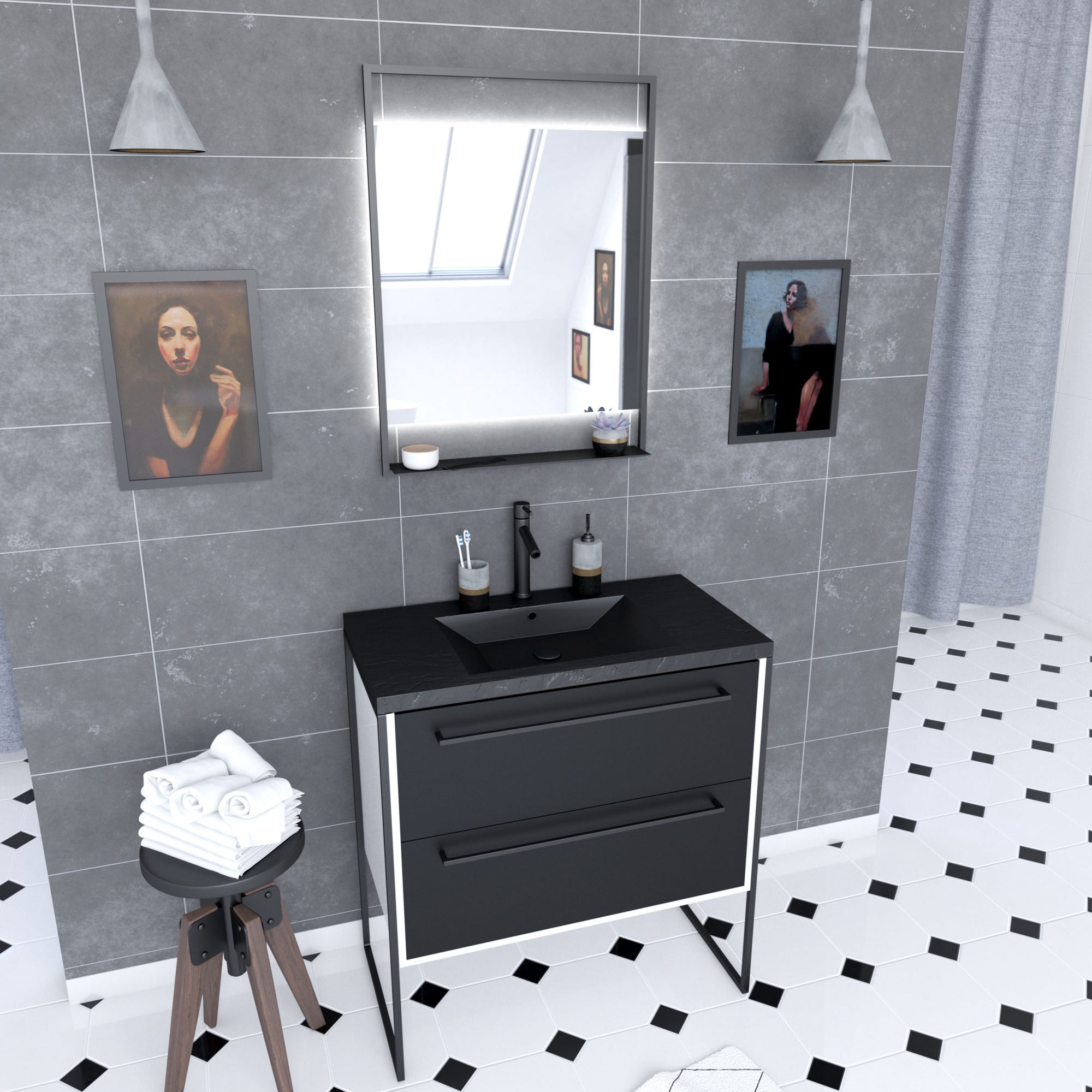 Meuble de salle de bain 80x50cm Blanc - 2 tiroirs - vasque resine noire effet pierre - miroir LED 0