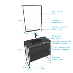 Meuble de salle de bain 80x50cm Blanc - 2 tiroirs - vasque resine noire effet pierre - miroir LED 3