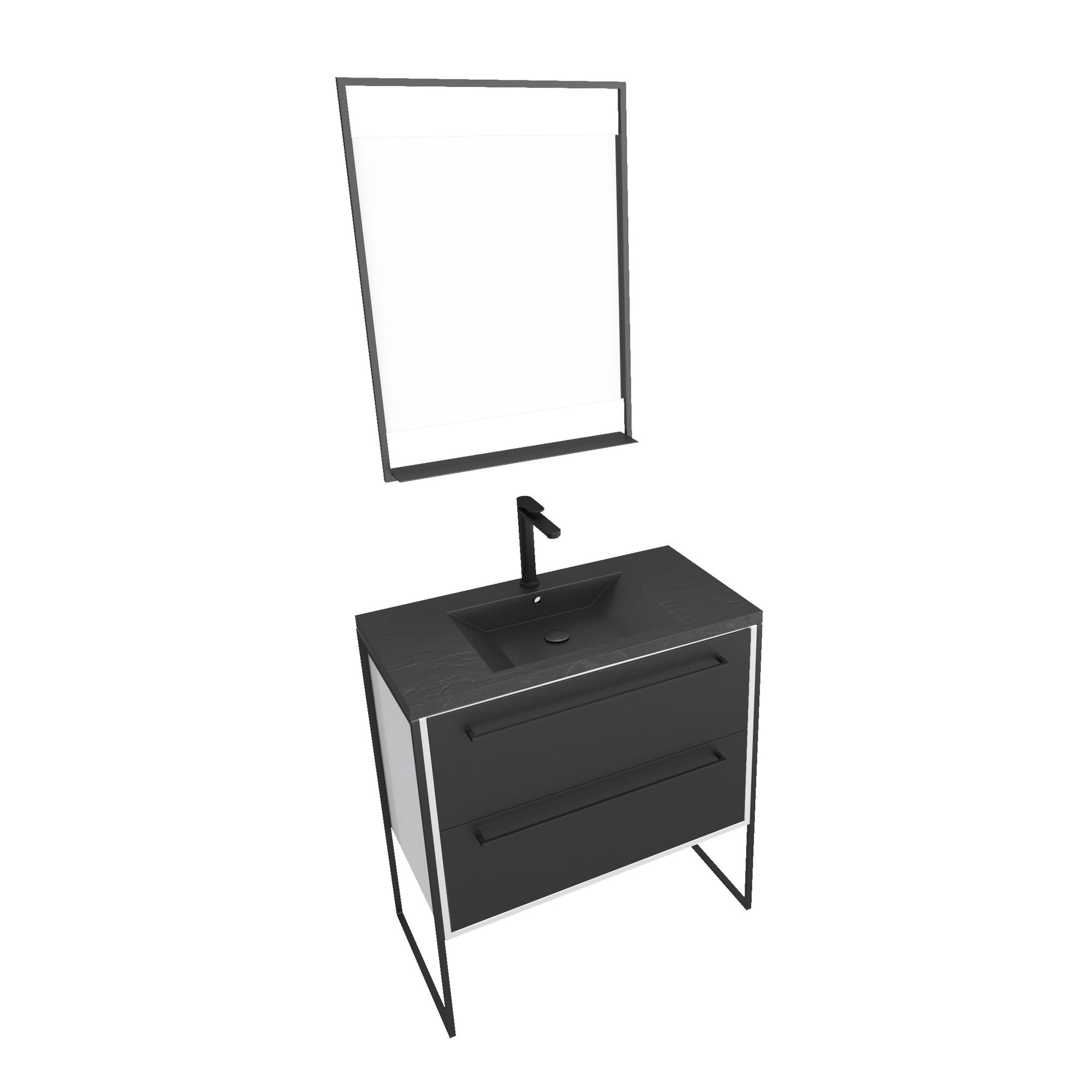 Meuble de salle de bain 80x50cm Blanc - 2 tiroirs - vasque resine noire effet pierre - miroir LED 2