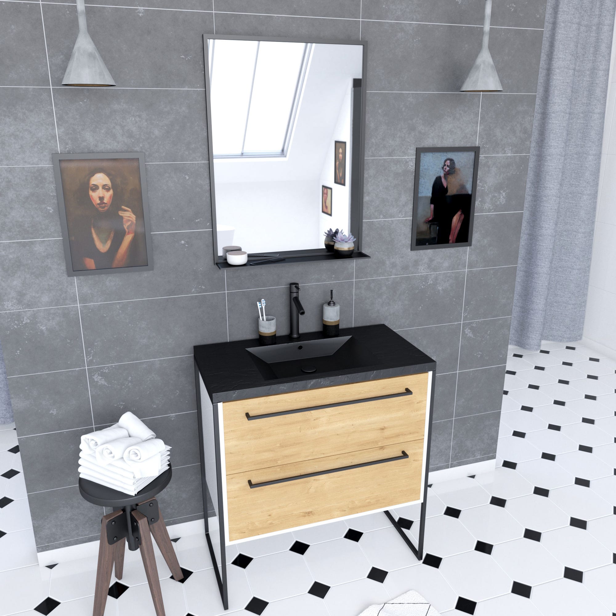 Meuble de salle de bain 80x50 cm + 2 tiroirs chêne naturel + vasque noir effet pierre + miroir noir 0