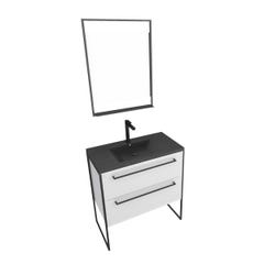 Pack meuble de salle de bain 80x50cm Blanc - 2 tiroirs - vasque resine noire effet pierre - miroir 2