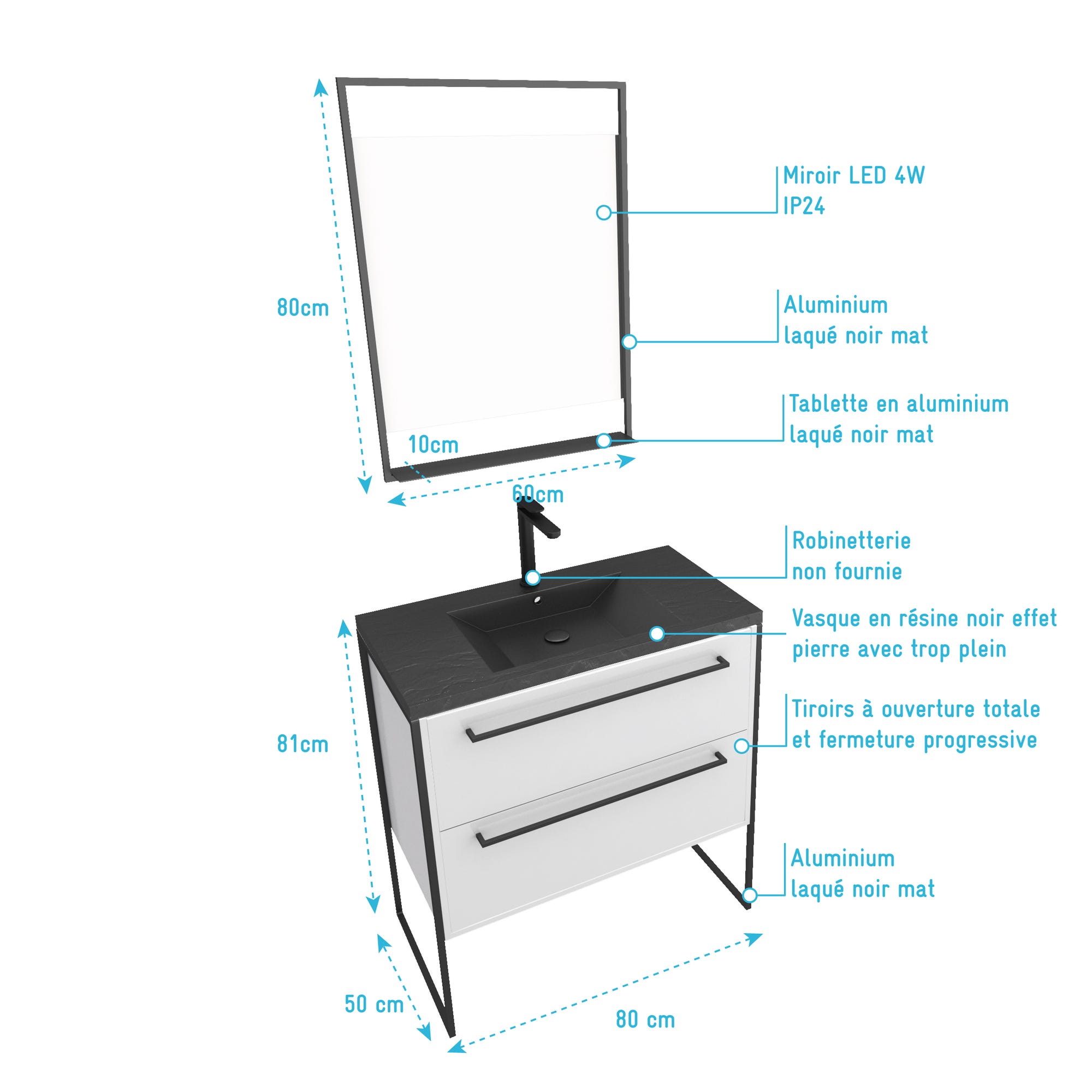 Pack meuble de salle de bain 80x50cm Blanc - 2 tiroirs - vasque resine noire effet pierre - miroir 3