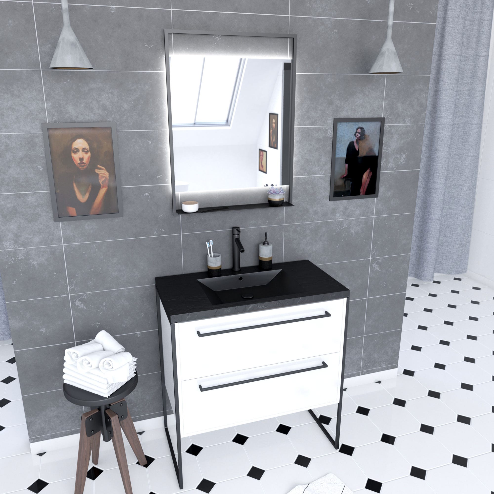 Pack meuble de salle de bain 80x50cm Blanc - 2 tiroirs - vasque resine noire effet pierre - miroir 0
