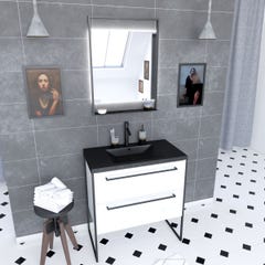 Pack meuble de salle de bain 80x50cm Blanc - 2 tiroirs - vasque resine noire effet pierre - miroir
