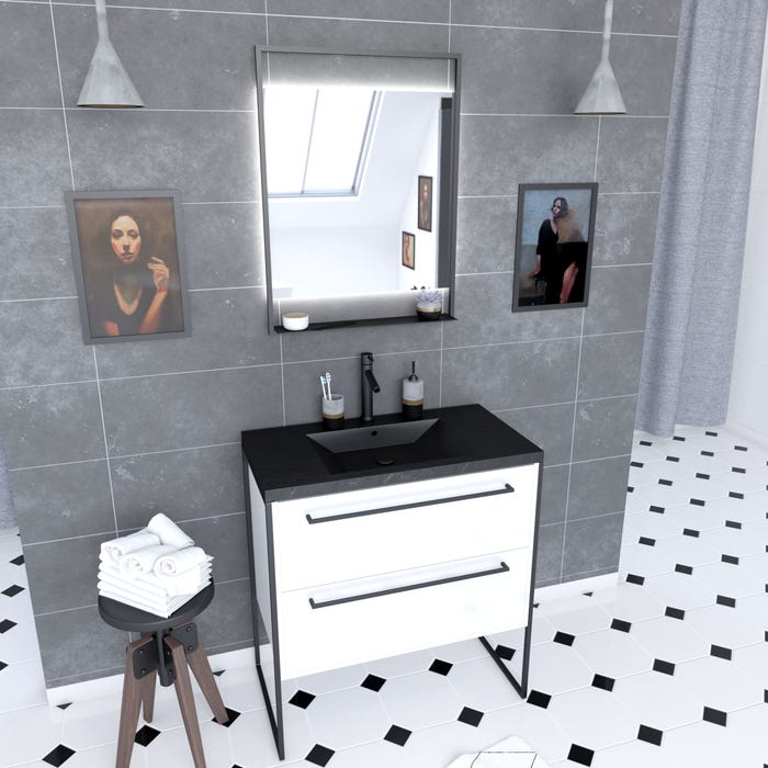 Pack meuble de salle de bain 80x50cm Blanc - 2 tiroirs - vasque resine noire effet pierre - miroir 0