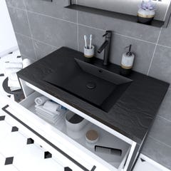 Pack meuble de salle de bain 80x50cm Blanc - 2 tiroirs - vasque resine noire effet pierre - miroir 1