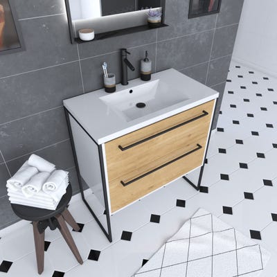 Meuble de salle de bain 80x50cm Blanc - 2 tiroirs chêne naturel - vasque blanche - STRUCTURA F023 0
