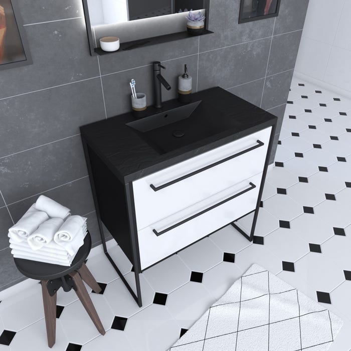 Meuble de salle de bain 80x50 cm Noir MAT - 2 tiroirs BLANC - vasque résine noire effet pierre 0