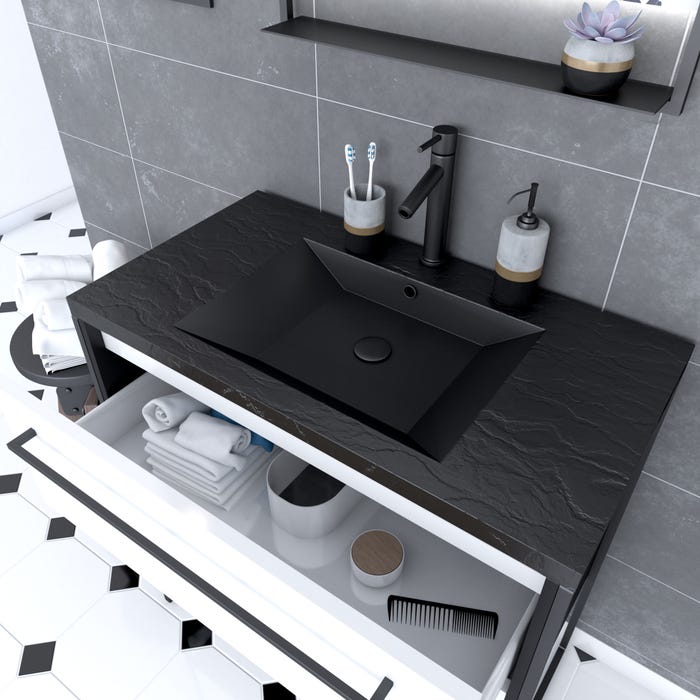 Meuble de salle de bain 80x50 cm Noir MAT - 2 tiroirs BLANC - vasque résine noire effet pierre 1