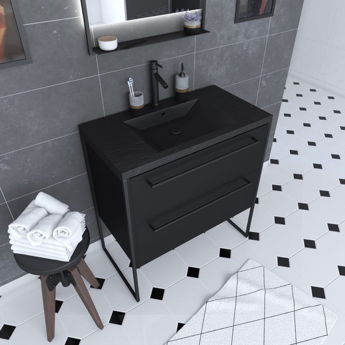 Meuble de salle de bain 80x50cm - 2 tiroirs - vasque résine noire effet pierre - STRUCTURA F051 0