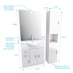 Ensemble de salle de bain blanc 80cm + vasque en céramique blanche + miroir LED + colonne 2 portes 3
