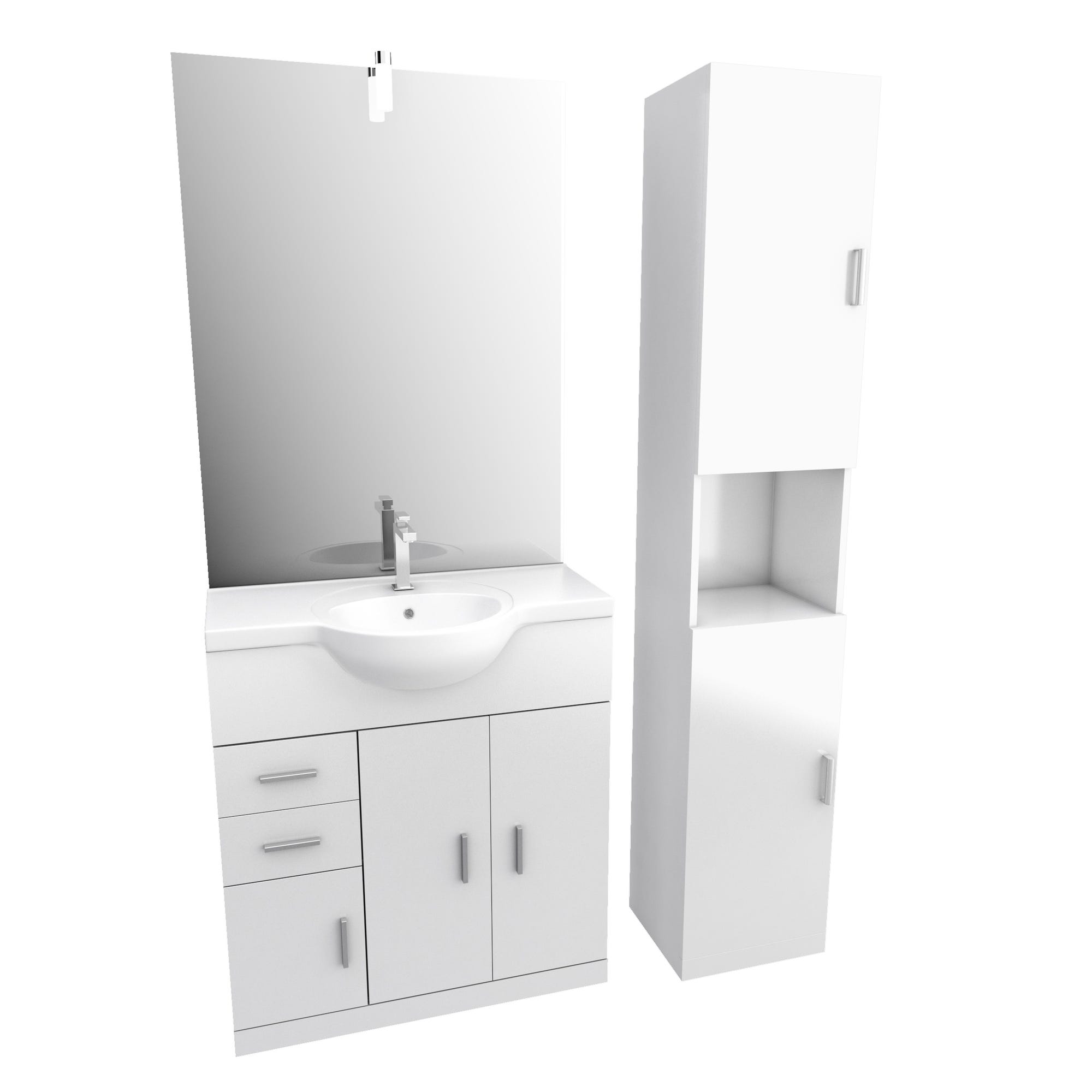Ensemble de salle de bain blanc 80cm + vasque en céramique blanche + miroir LED + colonne 2 portes 2