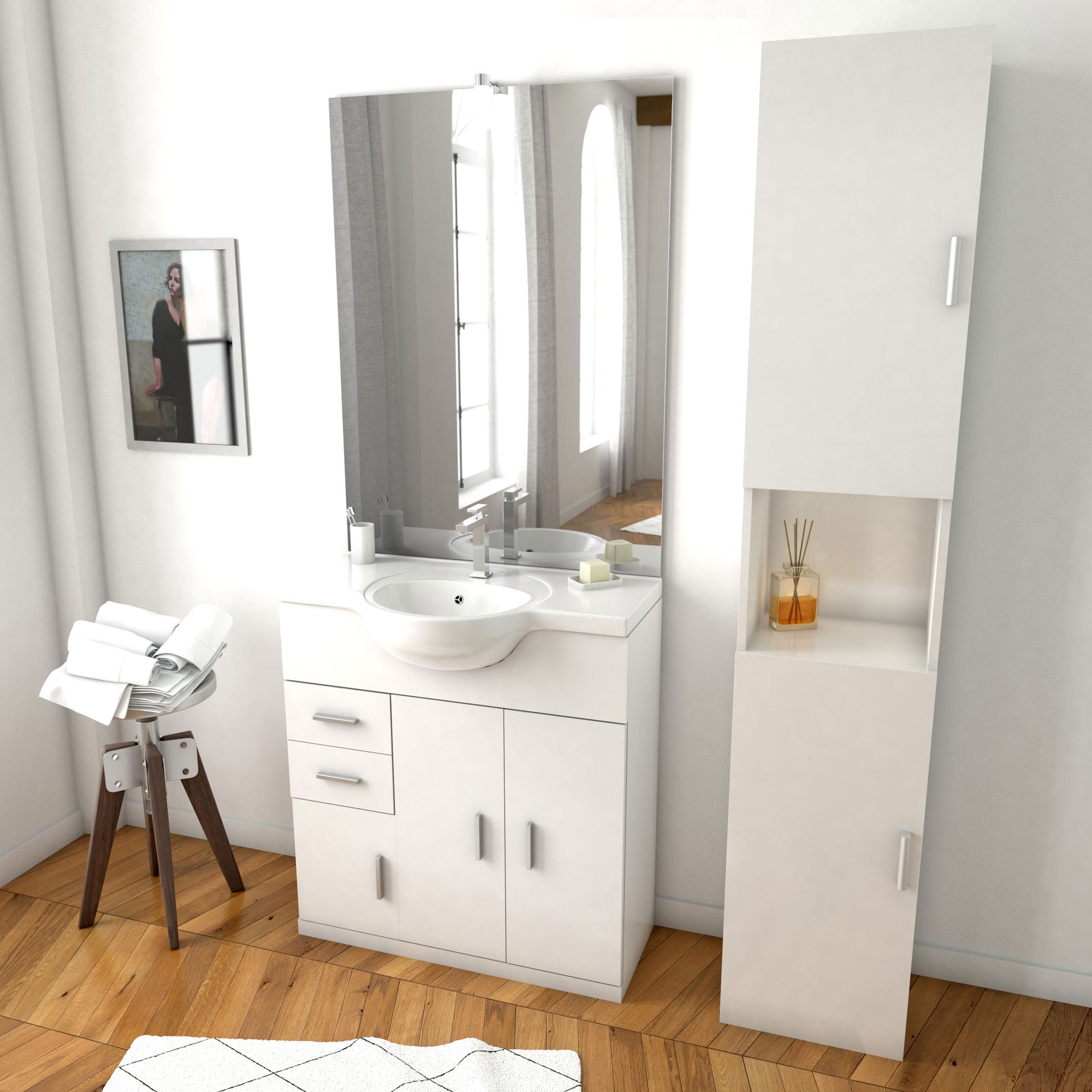 Ensemble de salle de bain blanc 80cm + vasque en céramique blanche + miroir LED + colonne 2 portes 0