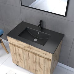 Meuble salle de bain 80x80 cm - Finition chene naturel + vasque noire + miroir - TIMBER 80 - Pack05 1