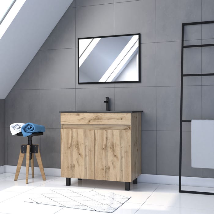 Meuble salle de bain 80x80 cm - Finition chene naturel + vasque noire + miroir - TIMBER 80 - Pack05 0
