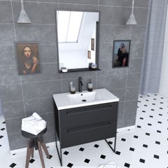 Pack Meuble de salle de bain 80x50 cm NOIR MAT - 2 tiroirs Noir mat - vasque blanche + miroir