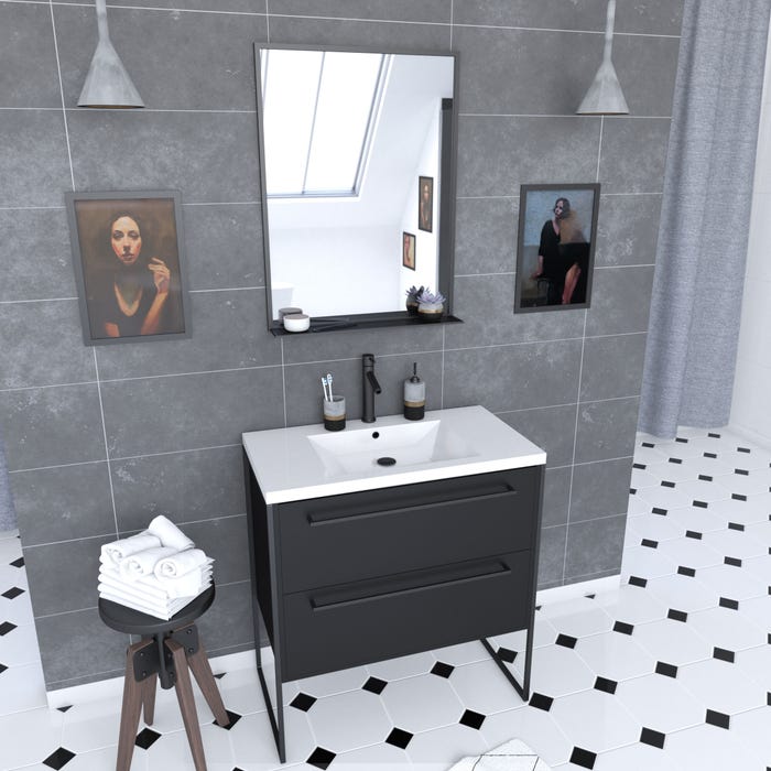 Pack Meuble de salle de bain 80x50 cm NOIR MAT - 2 tiroirs Noir mat - vasque blanche + miroir 0