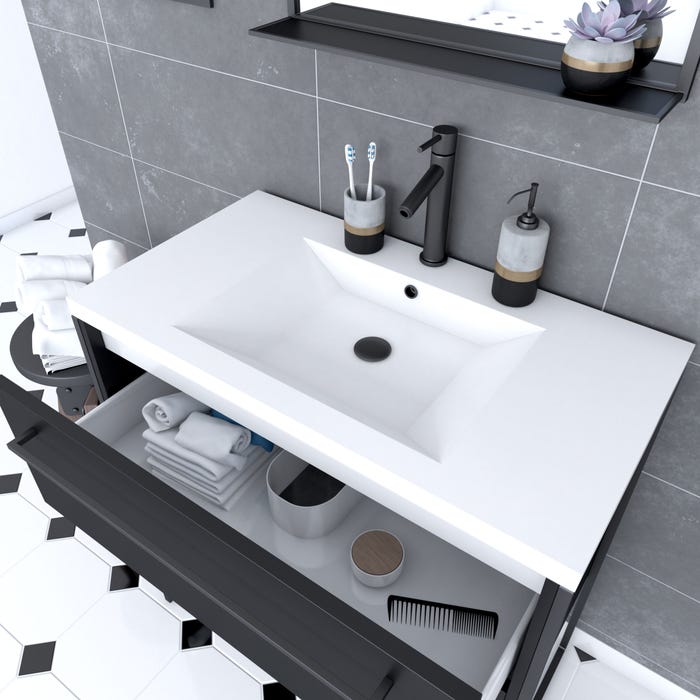Pack Meuble de salle de bain 80x50 cm NOIR MAT - 2 tiroirs Noir mat - vasque blanche + miroir 1