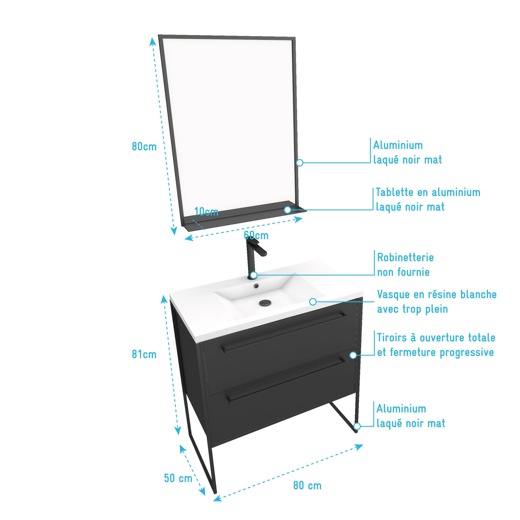 Pack Meuble de salle de bain 80x50 cm NOIR MAT - 2 tiroirs Noir mat - vasque blanche + miroir 3