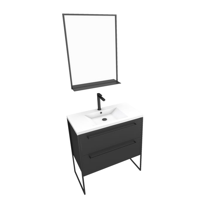 Pack Meuble de salle de bain 80x50 cm NOIR MAT - 2 tiroirs Noir mat - vasque blanche + miroir 2
