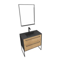 Pack meuble de salle de bain 80x50 cm Noir MAT - 2 tiroirs - vasque noir effet pierre - miroir LED 2
