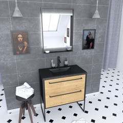 Pack meuble de salle de bain 80x50 cm Noir MAT - 2 tiroirs - vasque noir effet pierre - miroir LED 0