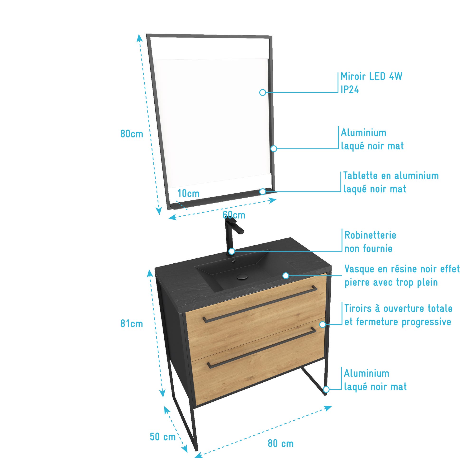 Pack meuble de salle de bain 80x50 cm Noir MAT - 2 tiroirs - vasque noir effet pierre - miroir LED 3