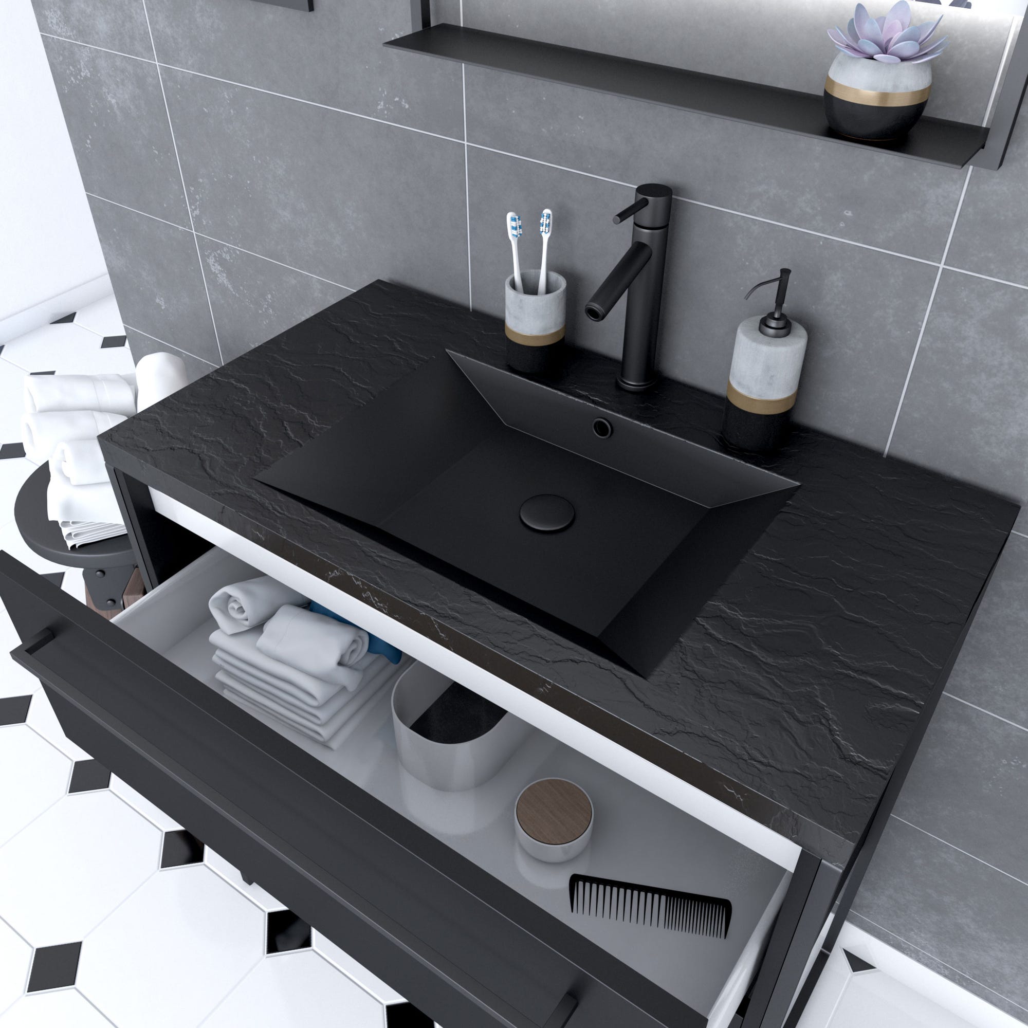 Meuble de salle de bain 80x50 cm - 2 tiroirs noir mat - vasque résine noire effet pierre + miroir 1