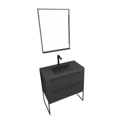 Meuble de salle de bain 80x50 cm - 2 tiroirs noir mat - vasque résine noire effet pierre + miroir 2