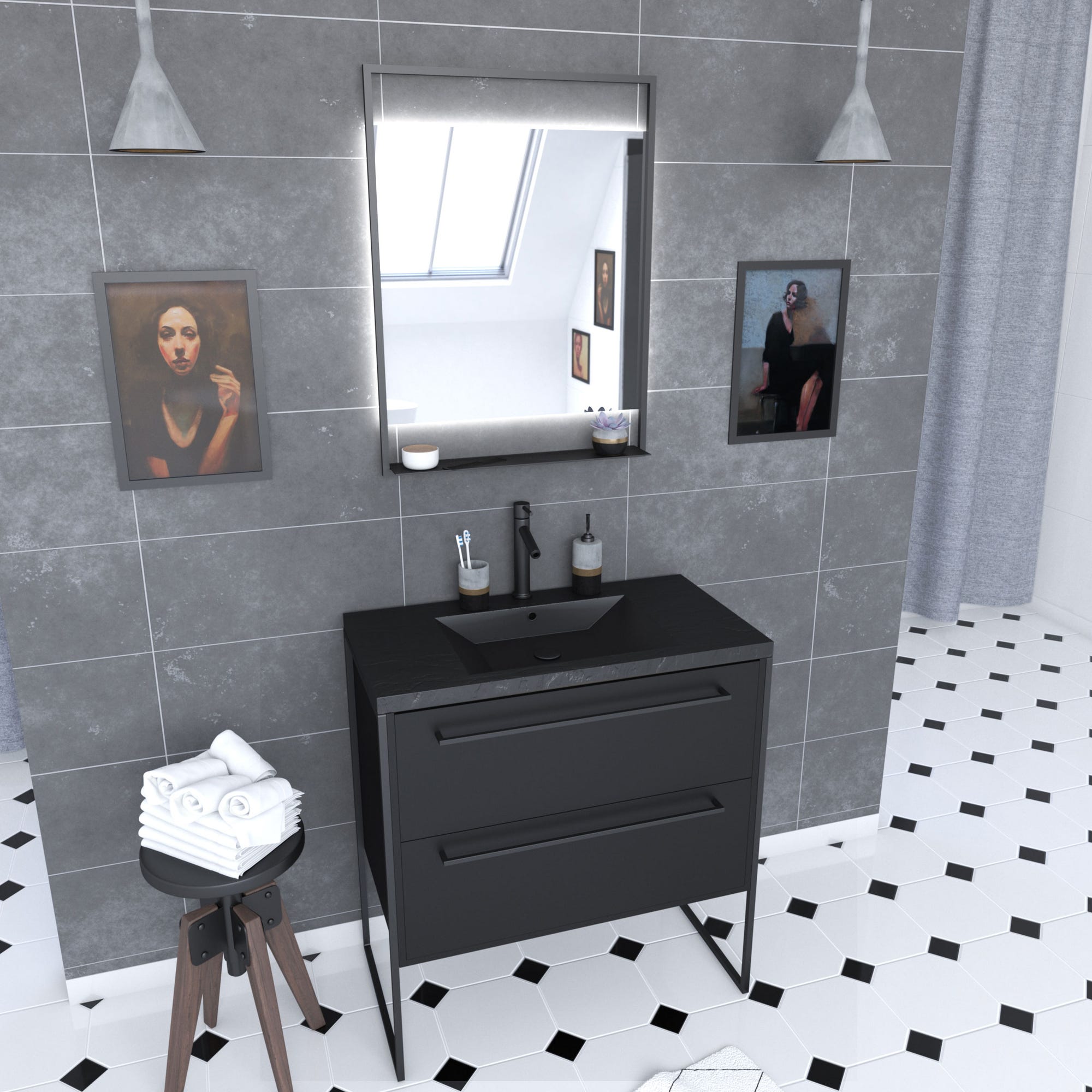 Meuble de salle de bain 80x50 cm - 2 tiroirs noir mat - vasque résine noire effet pierre + miroir 0