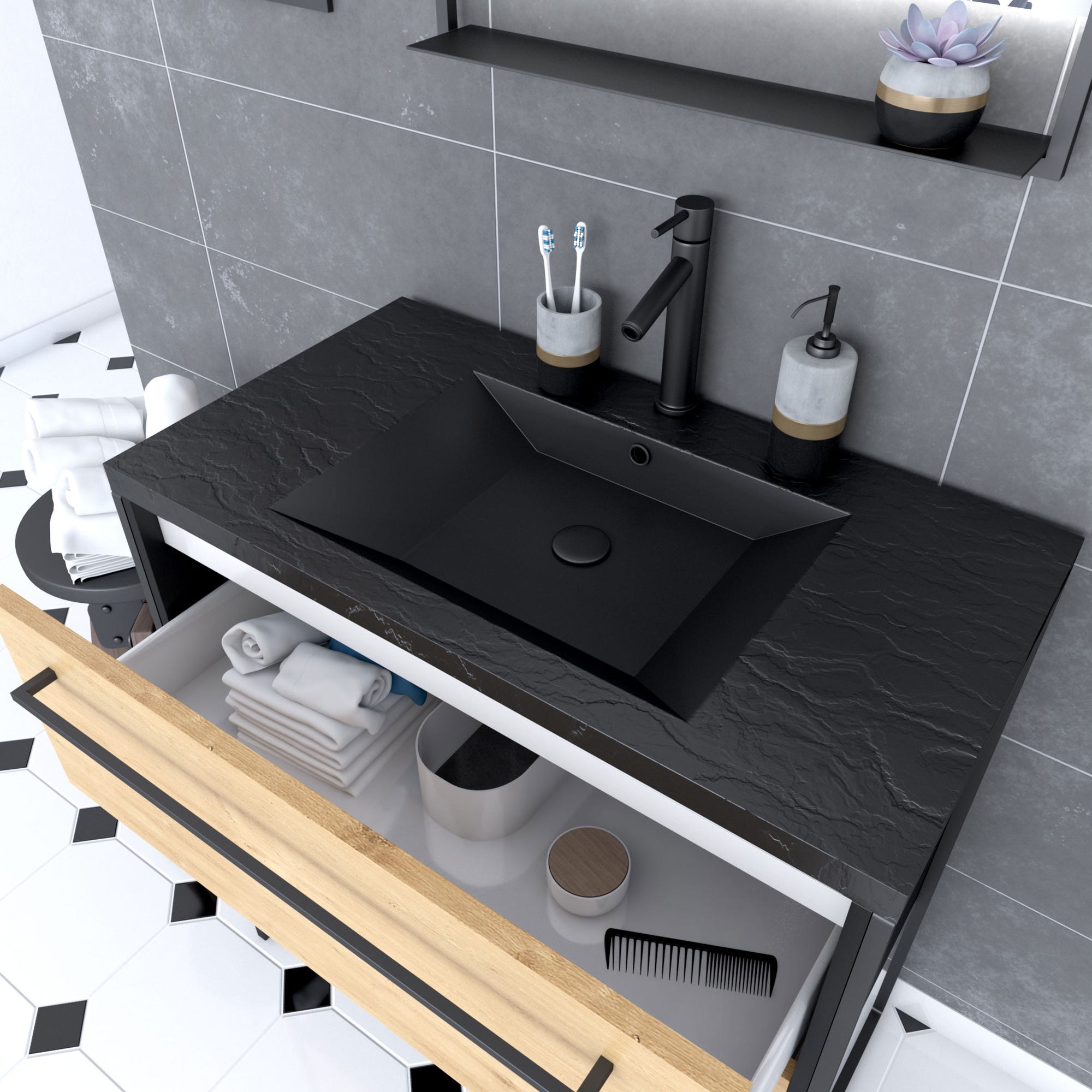 Meuble de salle de bain 80x50 cm NOIR MAT - 2 tiroirs chêne brun - vasque résine noir effet pierre 1