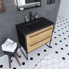 Meuble de salle de bain 80x50 cm NOIR MAT - 2 tiroirs chêne brun - vasque résine noir effet pierre 0