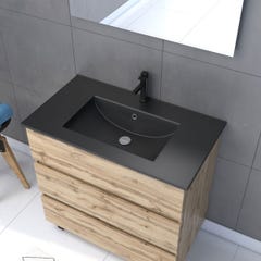 Meuble salle de bain 80x80 - Finition chene naturel + vasque noire + miroir Led - TIMBER 80 - Pack18 1