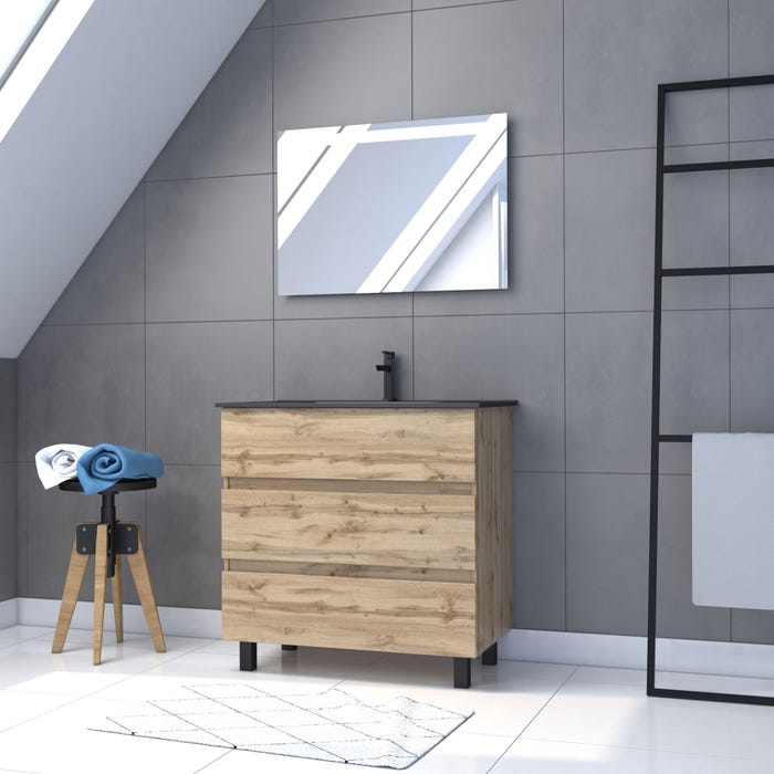 Meuble salle de bain 80x80 - Finition chene naturel + vasque noire + miroir Led - TIMBER 80 - Pack18 0