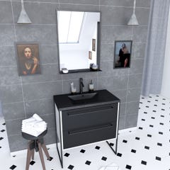 Meuble de salle de bain 80x50 cm Blanc - 2 tiroirs noir mat - vasque noire effet pierre - miroir LED 0