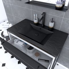 Meuble de salle de bain 80x50 cm Blanc - 2 tiroirs noir mat - vasque noire effet pierre - miroir LED 1